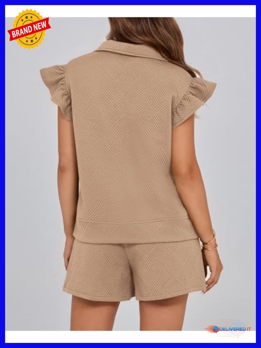Zip Front Ruffle Cap Sleeve Lounge Set Drawstring Shorts 2 Piece - Picture 2 of 6